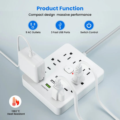 SurgeSocket™ All-in-One 9-Socket Anti-Surge Power Strip With Built-in Circuit Breaker(5ft)